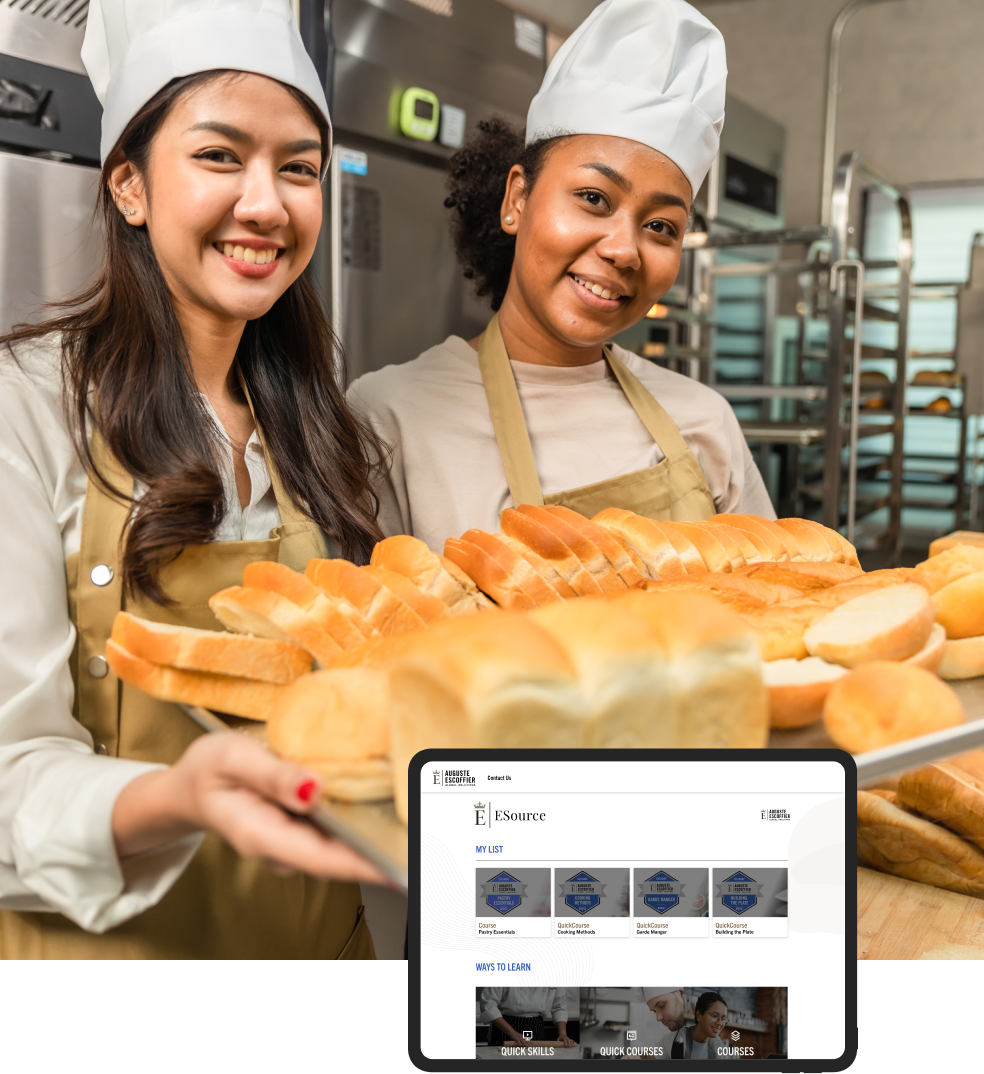 Two happy bakers holding trays of sliced white bread overlayed with a screenshot of ESource tool