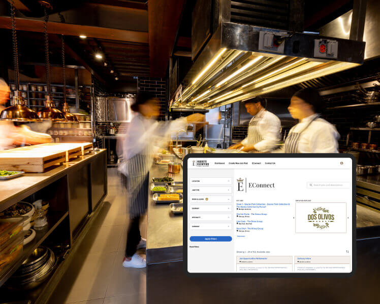 A kitchen staff preparing meals in a restaurant kitchen with a screenshot of EConnect tool