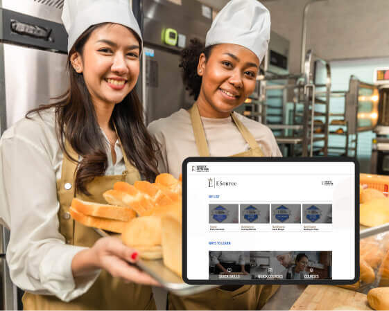 Two happy bakers holding trays of sliced white bread overlayed with a screenshot of ESource tool