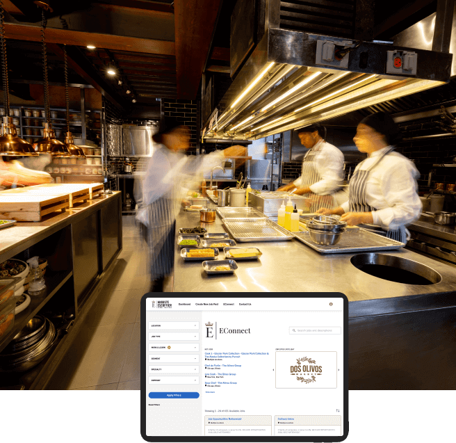 A kitchen staff preparing meals in a restaurant kitchen with a screenshot of EConnect tool